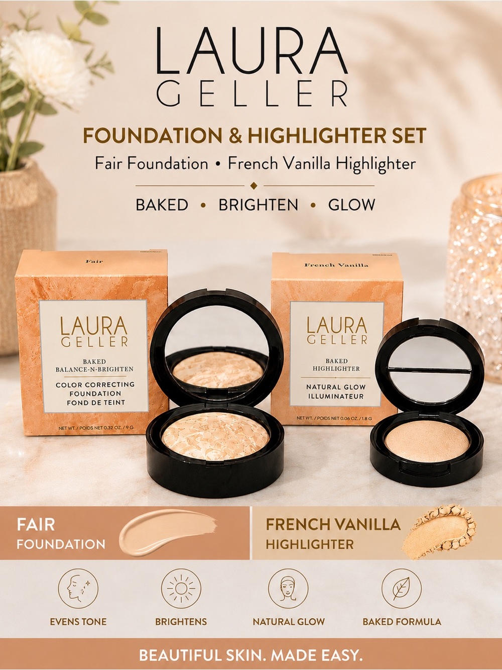 Laura Geller Baked Foundation, Fair and Highlighter, French Vanilla